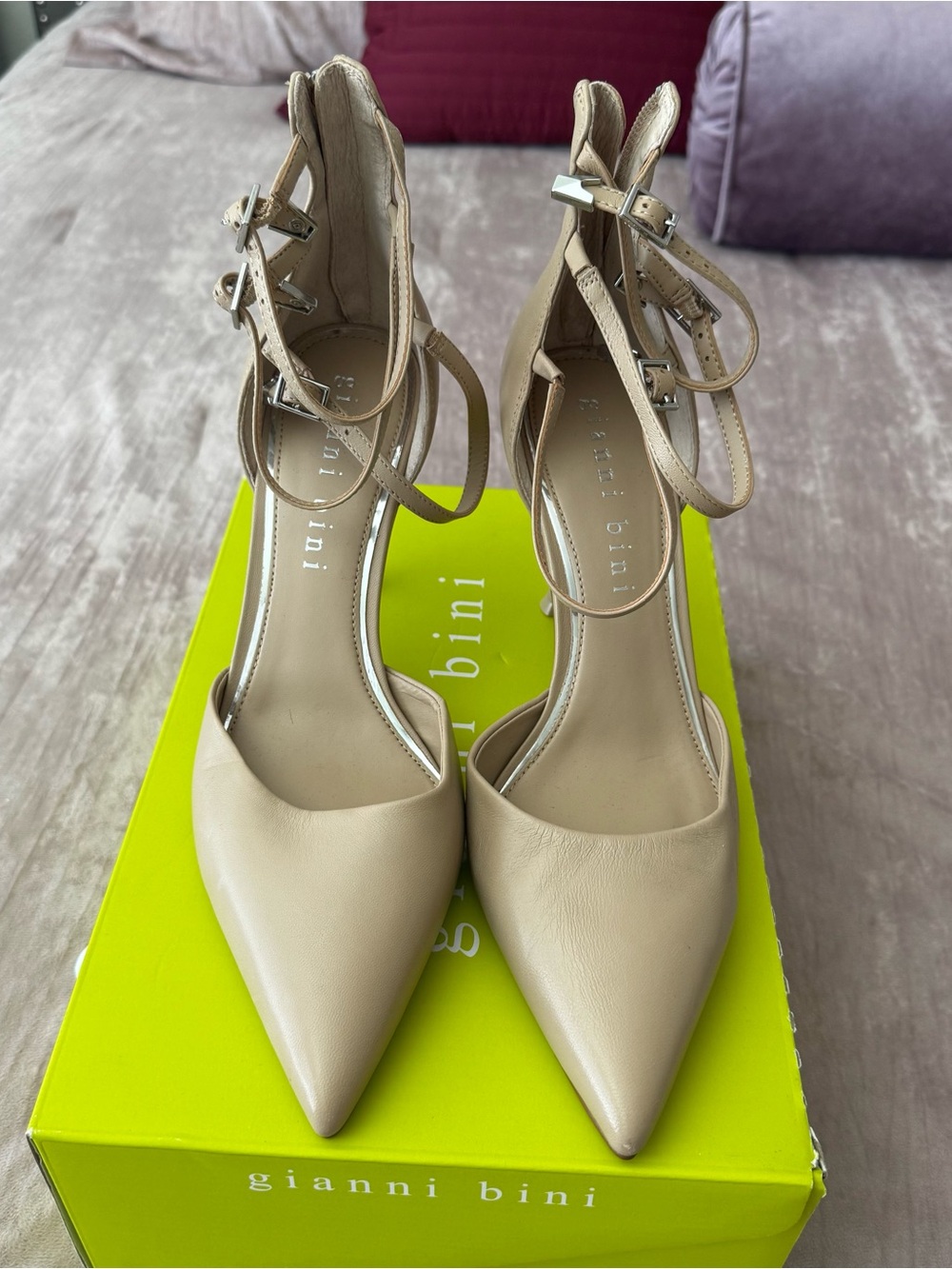 Gianni Bini Neutral Beige Pointed-Toe Double Ankle-Strap Heels